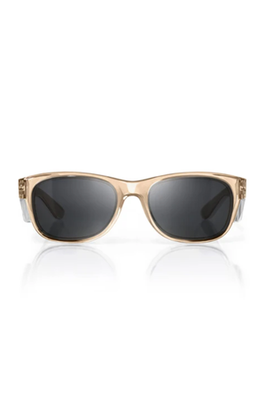The SafeStyle Classics sunglasses feature a rectangular design with translucent beige champagne frames and dark polarised UV400 lenses, displayed on a white background.
