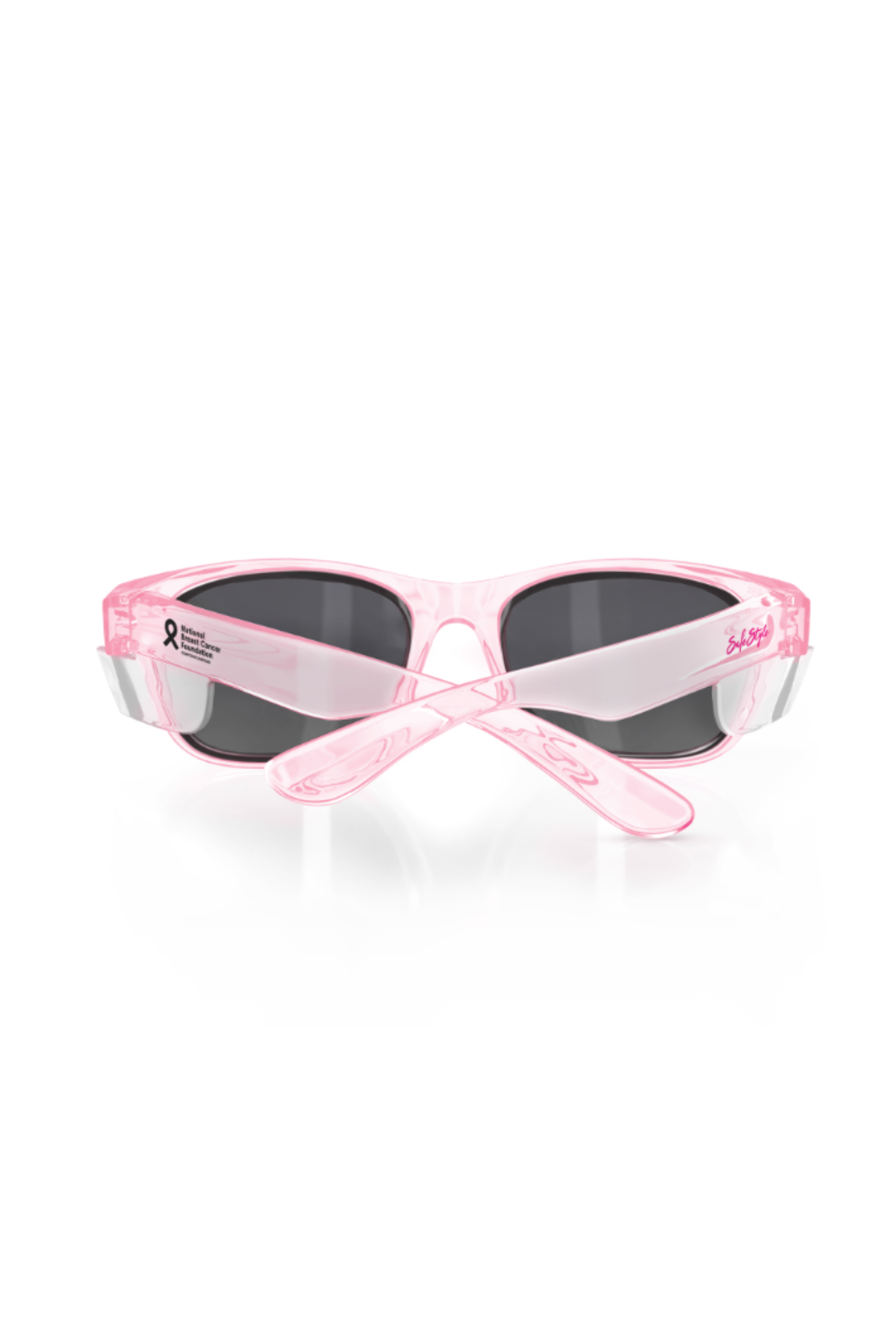 The SafeStyle Classics Pink Frame Polarised Lens sunglasses have dark lenses with UV400 protection and feature the Susan G. Komen breast cancer ribbon on the left temple. The arms are crossed, displayed against a white background.