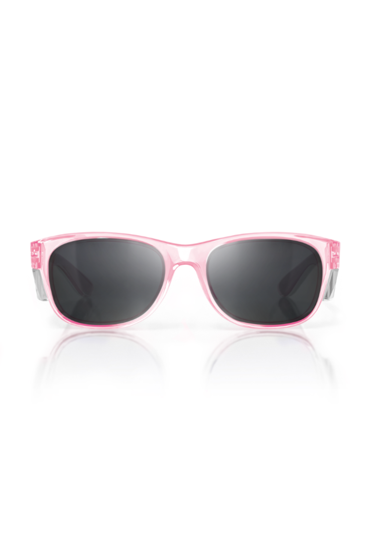 The SafeStyle Classics Pink Frame Polarised Lens sunglasses, shown facing forward on a white background, feature pink frames with dark rectangular UV400-protected lenses.