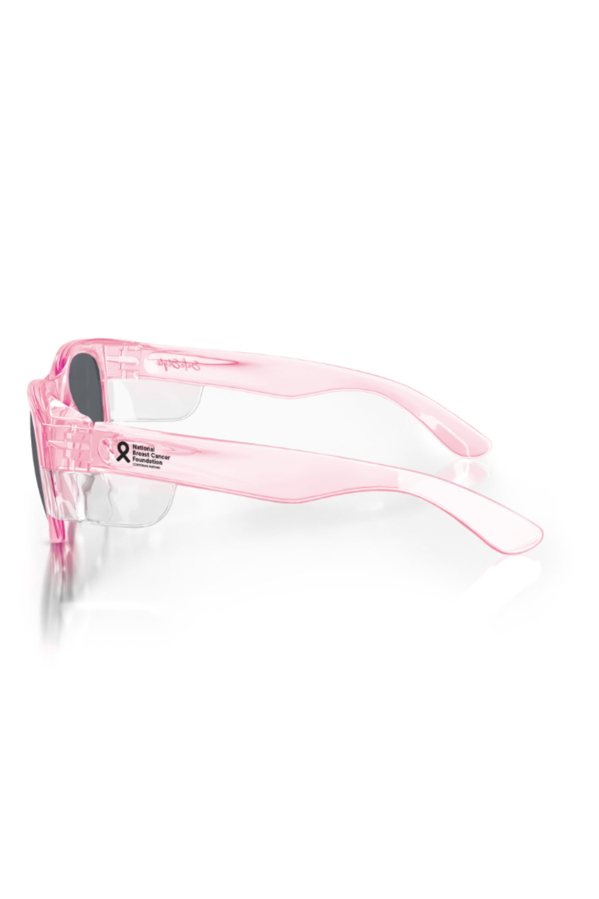 SafeStyle Classics Pink Frame Polarised Lens sunglasses with semi-transparent arms, dark UV400 lenses, and a side view. One arm displays a breast cancer awareness ribbon and "National Breast Cancer Foundation, Inc.®" text.