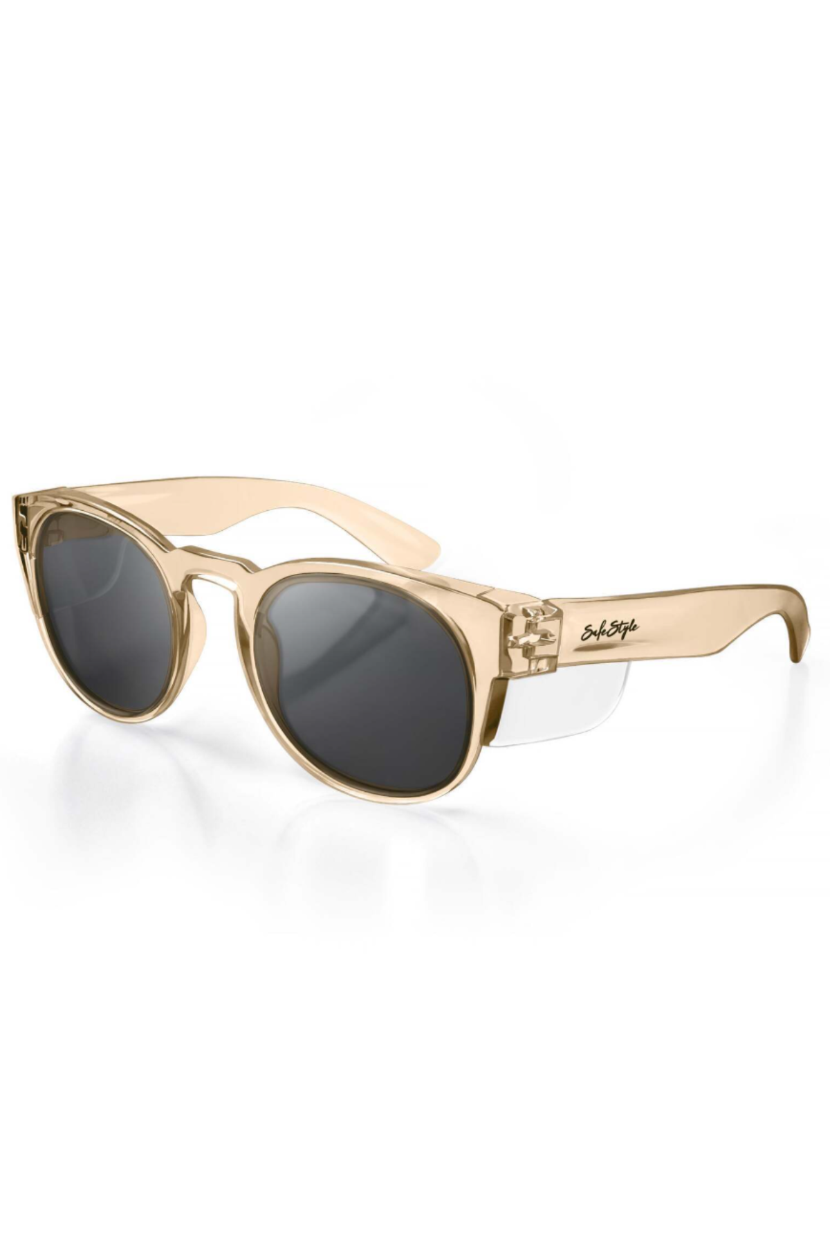 SafeStyle Cruisers sunglasses feature a champagne beige, translucent frame with thick arms, round dark polarised lenses offering UV400 protection, and the "Shady Rays" logo in black script on the left arm, shown on a white background.