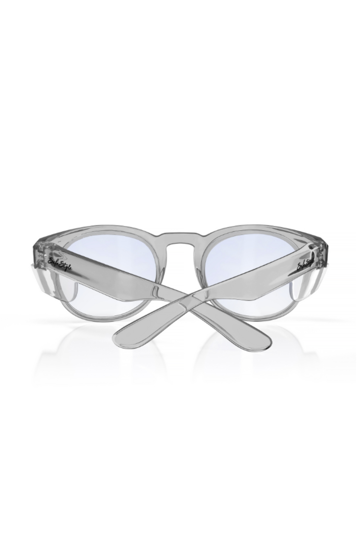 SafeStyle Cruisers Graphite Frame Blue Light Lens glasses shown from the back, featuring clear polycarbonate frames and temples with crossed arms, all set against a white background.