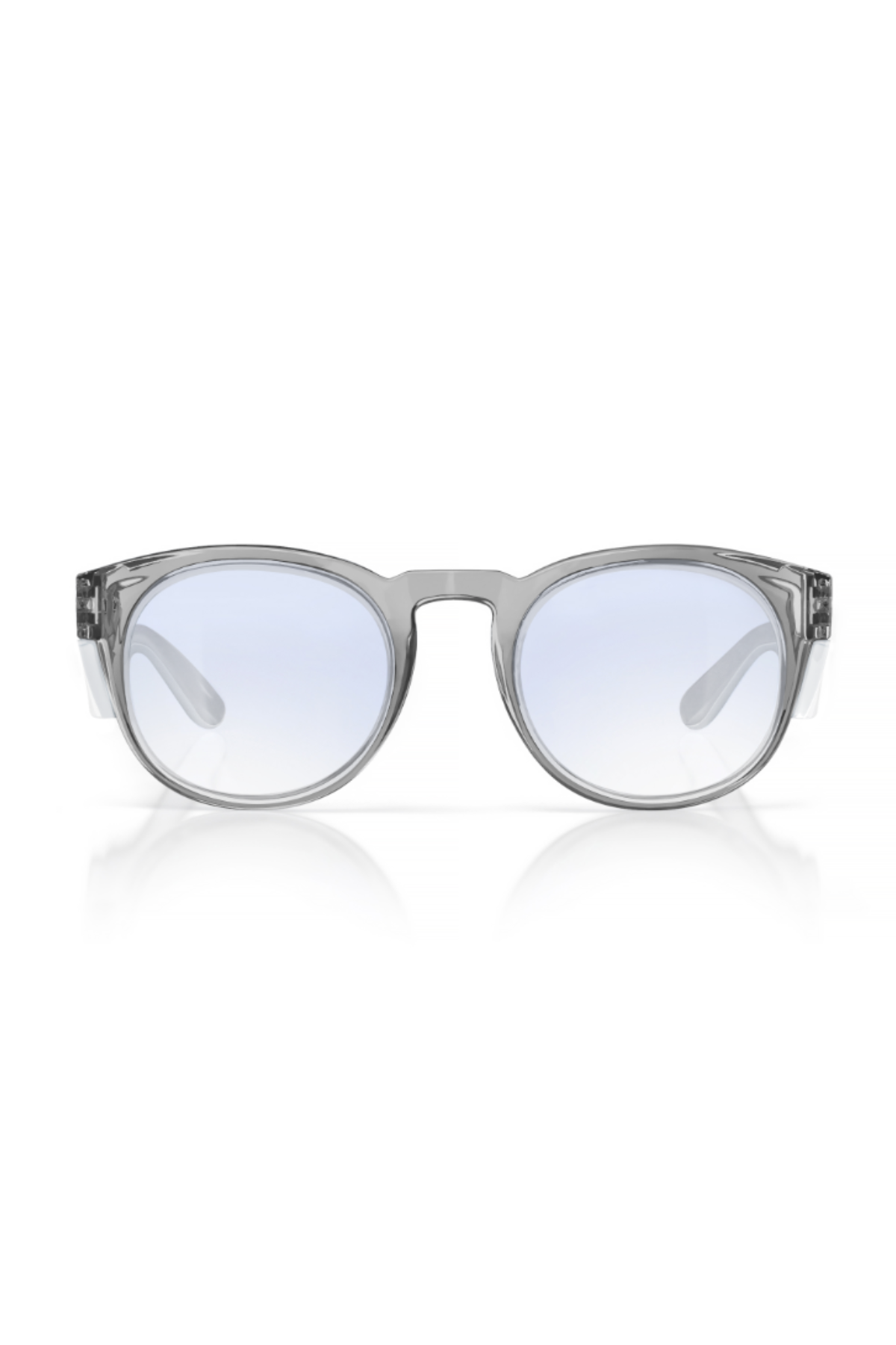 The SafeStyle Cruisers Graphite Frame Blue Light Lens glasses feature round, blue light-filtering lenses and durable polycarbonate frames, displayed front-facing on a white background with a subtle reflection.