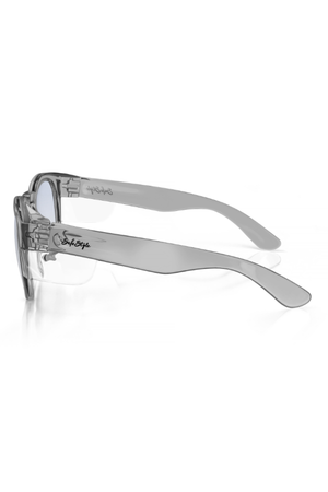 SafeStyle Cruisers Graphite Frame Blue Light Lens sunglasses feature thick polycarbonate frames and wide arms, with the brand name in black script on the left arm. Shown from a side angle against a white background; offers UV400 protection.