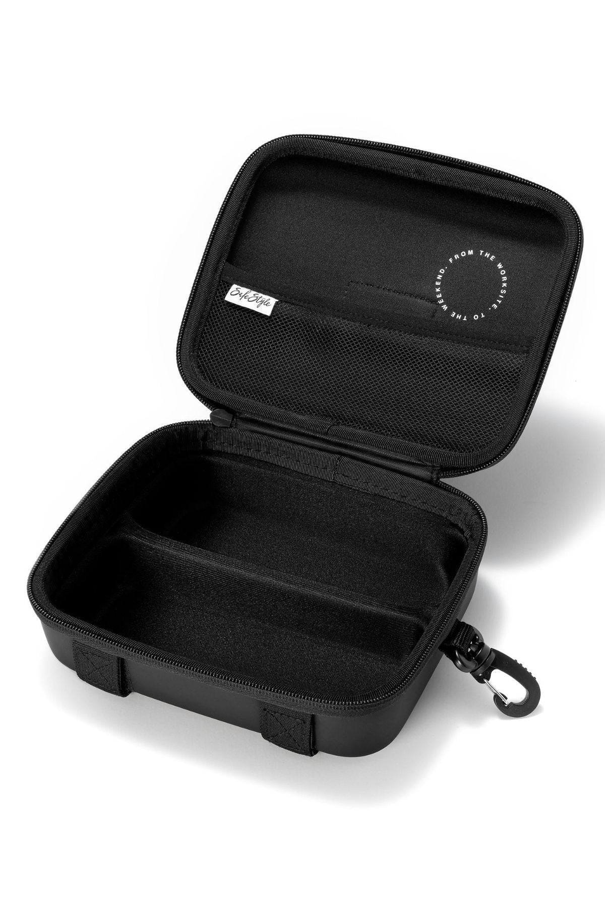 The Safestyle Double Hardcase is a black rectangular EVA case with zipper, mesh pocket, padded compartments, and a small carabiner—ideal for safely storing your glasses.