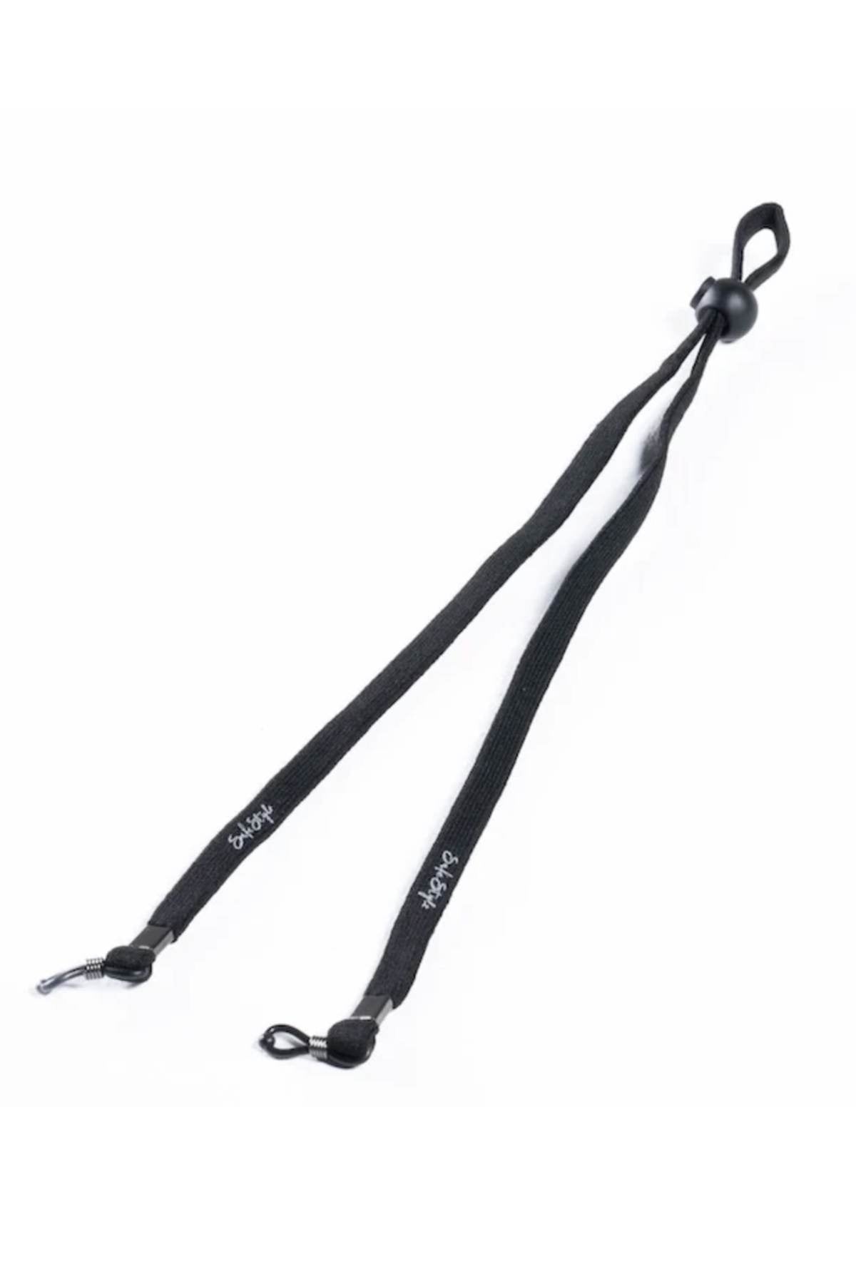 The Safestyle Lanyard is a black strap designed for securing items like SafeStyle sunnies. It includes a loop, adjustable slider, and metal hooks at both ends for easy attachment.