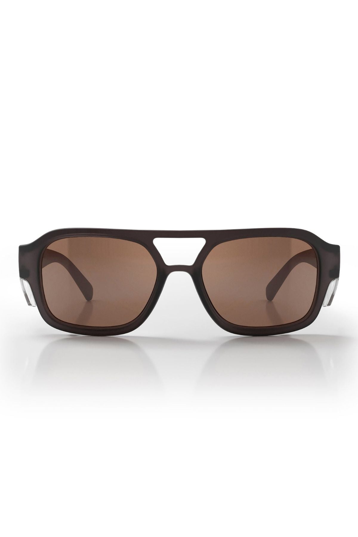 Front view of the Safestyle Skylines sunglasses with a chocolate frame, brown polarised lenses, double bridge, silver temple accents, and vintage-inspired aviator style. UV400 protection keeps your eyes safe.