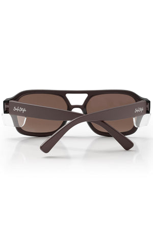 Safestyle Skylines feature a chocolate rectangular frame with brown polarised lenses, a cutout bridge design, UV400 protection, and "Sol Style" in white on the crossed arms—shown from the back.