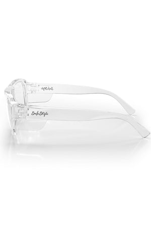 Safestyle Skylines Clear Frame Clear Lens safety glasses shown side view with transparent frames and “SafeStyle” logo on the temples. Vintage-inspired, they feature shatterproof polycarbonate lenses for reliable eye protection.
