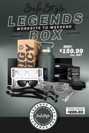 Check out the promotional image for Safestyle's Worksite to Weekend Legends Boxβyour go-to gear package. It includes safety glasses with polarised lenses, a water bottle, a "Big Juicy" coffee cup, and branded accessories. Priced at $159.99 including GST, this box offers a total value of $205.93 at Safestyle Worksite.