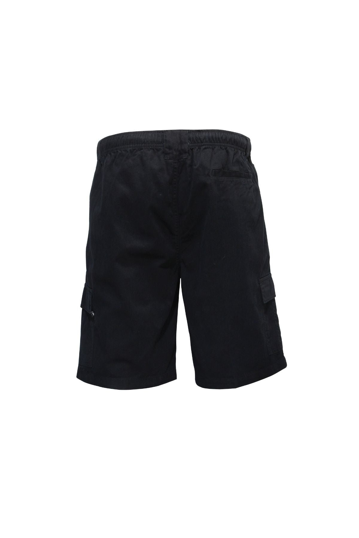 Savane Beachcomber Cargo Shorts in black, with an elastic waist, side pockets, and a mobile phone pocket, displayed from the back on a plain white background.