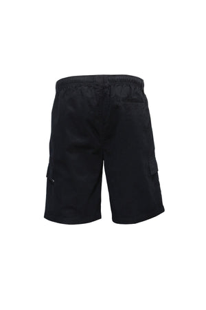 Savane Beachcomber Cargo Shorts in black, with an elastic waist, side pockets, and a mobile phone pocket, displayed from the back on a plain white background.