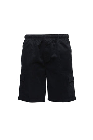 Savane Beachcomber Cargo Shorts in black, featuring an elastic waist, side pockets, flap cargo pockets on each thigh, and a mobile phone pocket, shown against a plain white backdrop.