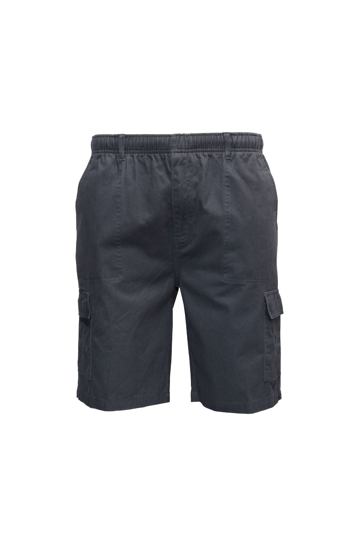 Savane Beachcomber Cargo Shorts in dark gray feature an elastic waist, side pockets, and handy flap pockets on each leg—ideal for carrying essentials like your phone. Shown on a white background.