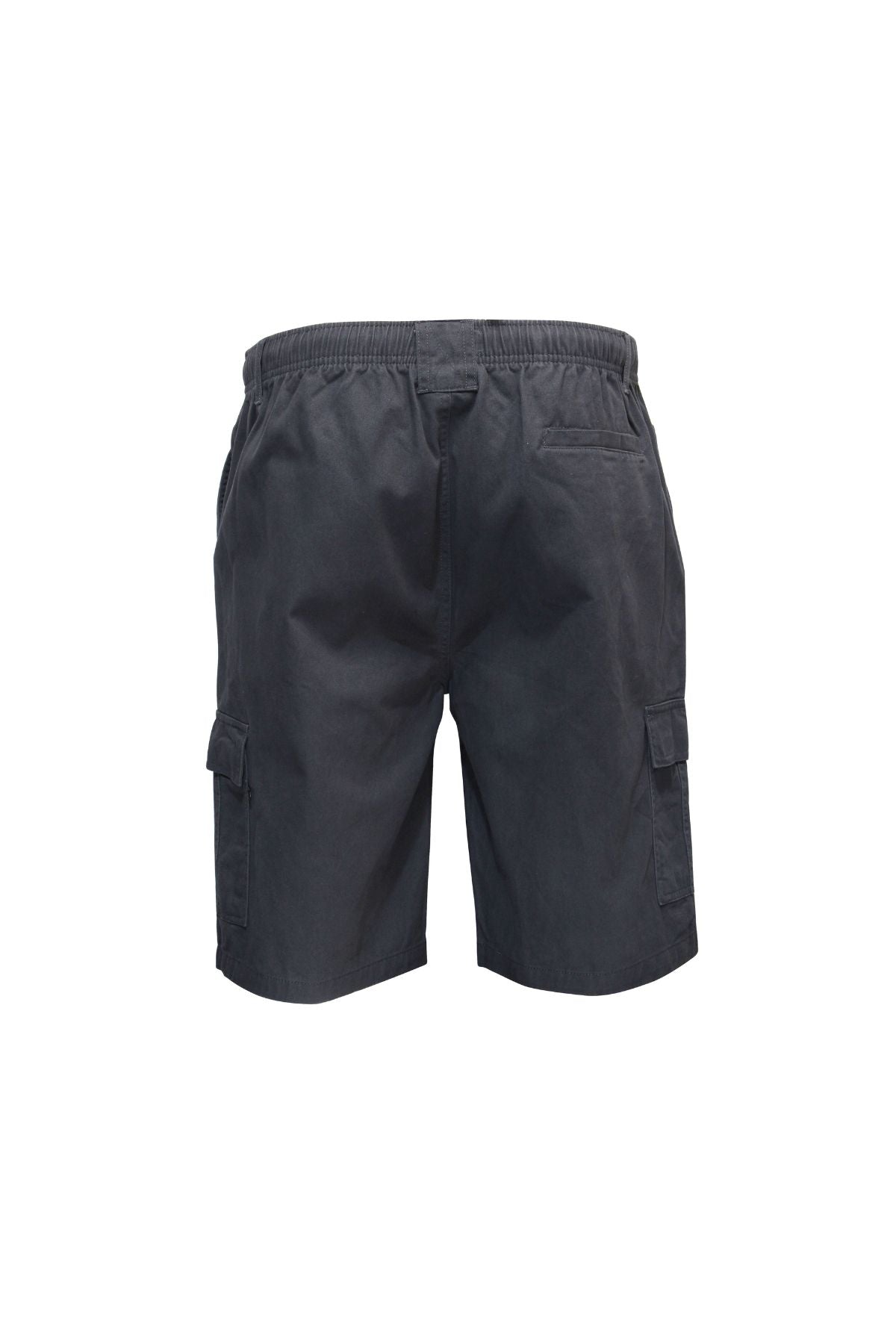 Back view of Savane Beachcomber Cargo Shorts in dark gray featuring an elastic waist, two side pockets, two cargo pockets with a dedicated phone pocket, and a single back pocket, shown on a white background.