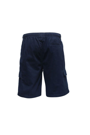 Savane Beachcomber Cargo Shorts in navy blue, shown from the back with an elastic waist, side cargo pockets for your phone, and a single back pocket, all displayed on a plain white background.