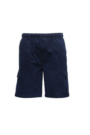 Savane Beachcomber Cargo Shorts in navy blue feature an elastic waistband, front pockets, and a side cargo pocket with a dedicated mobile phone section, shown against a plain white background.