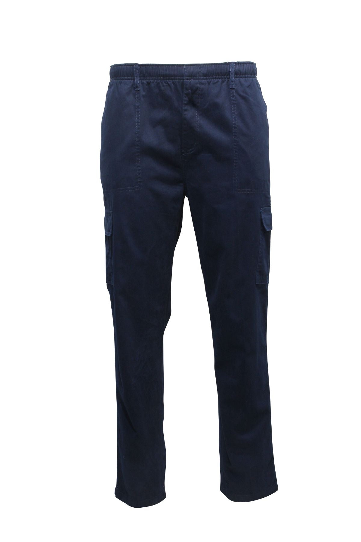 The Savane Panama Beach Cargo Pant in navy blue features an elastic waistband, side pockets, a secure security pocket, and flap cargo thigh pockets, shown against a white background.