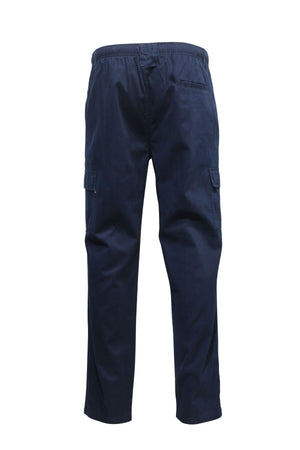 The Savane Panama Beach Cargo Pant is shown from the back in navy blue, featuring an elastic waistband, two side pockets, and two cargo pockets on the legs for added storage.