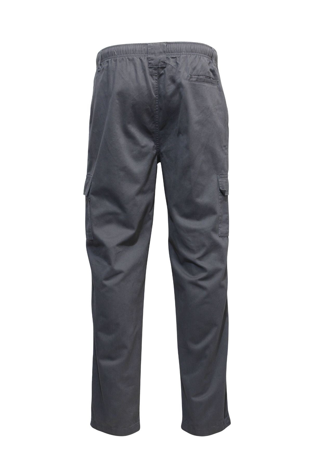 The Savane Panama Beach Cargo Pant in grey features an elastic waistband, back and side cargo pockets, plus a security pocket. Shown from the back against a white background.