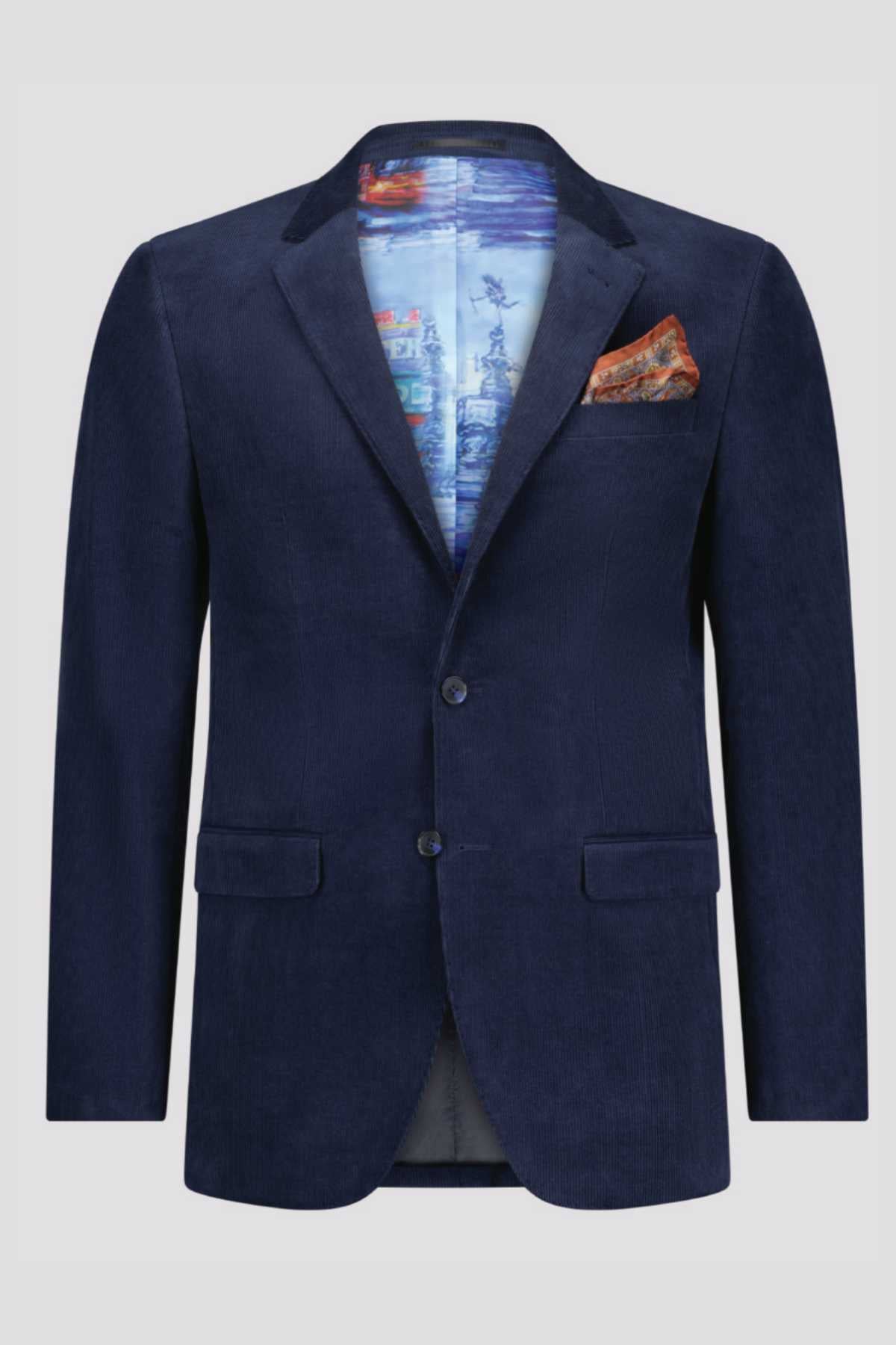 The Savile Row Abram Corduroy Jacket is a navy blue slim-fit piece with two buttons, flap pockets, and a printed lining. An orange patterned pocket square adds a pop of color in the chest pocket.