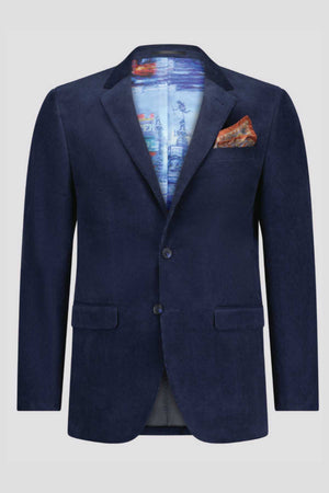 The Savile Row Abram Corduroy Jacket is a navy blue slim-fit piece with two buttons, flap pockets, and a printed lining. An orange patterned pocket square adds a pop of color in the chest pocket.