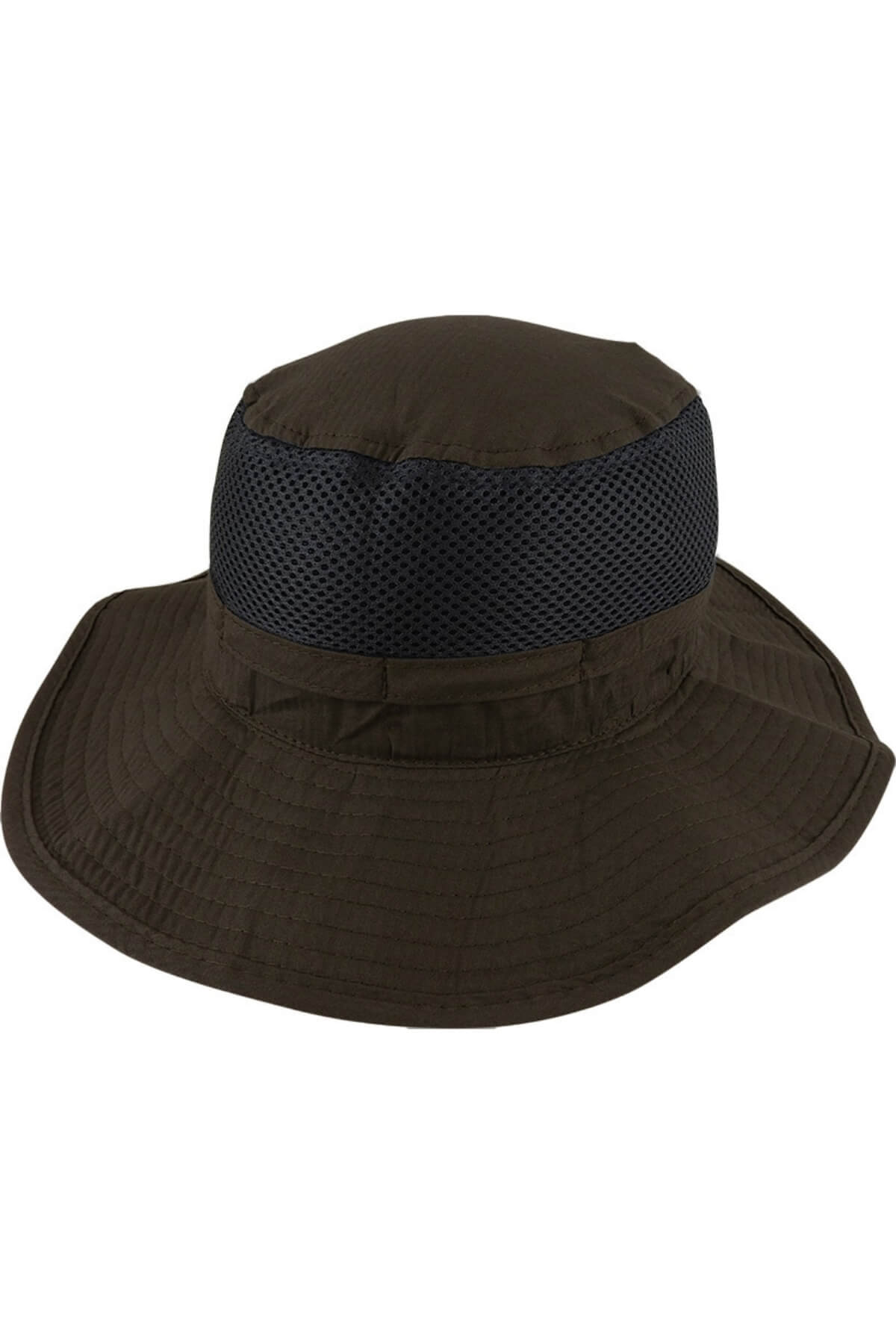 The Scala Polyester Lightweight Mesh Hat features a dark brown wide brim and black mesh panel around the crown for outdoor sun protection, combining comfort, breathability, and style on any adventure.