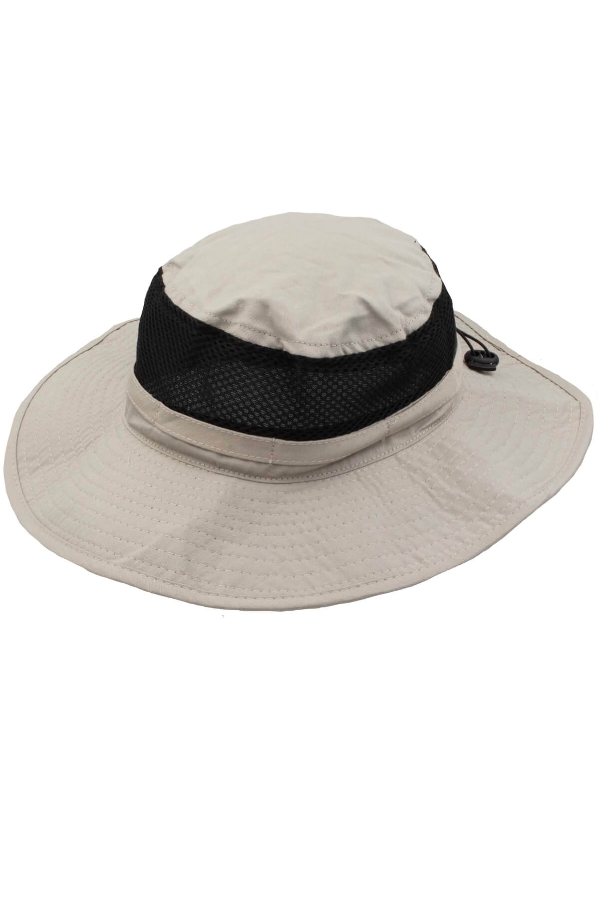The Scala Polyester Lightweight Mesh Hat features a beige wide brim and black mesh band. Made from 100% polyester, it offers a rounded top and adjustable drawstring for an ideal fit—perfect for sunny outings.