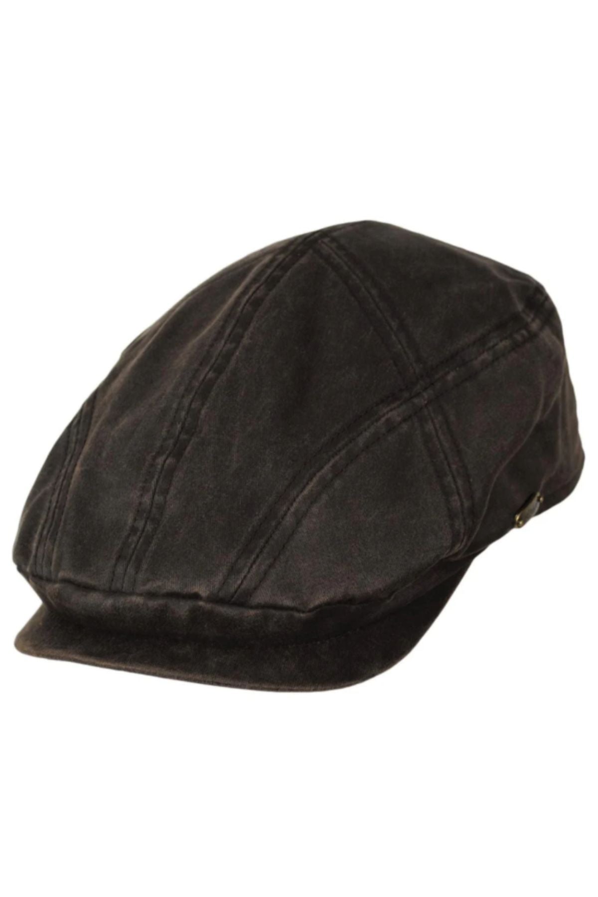 The Scala Weathered Cotton Ivy Cap is a dark brown vintage flat cap with visible stitching along the top and sides, featuring a short, stiff brim at the front.