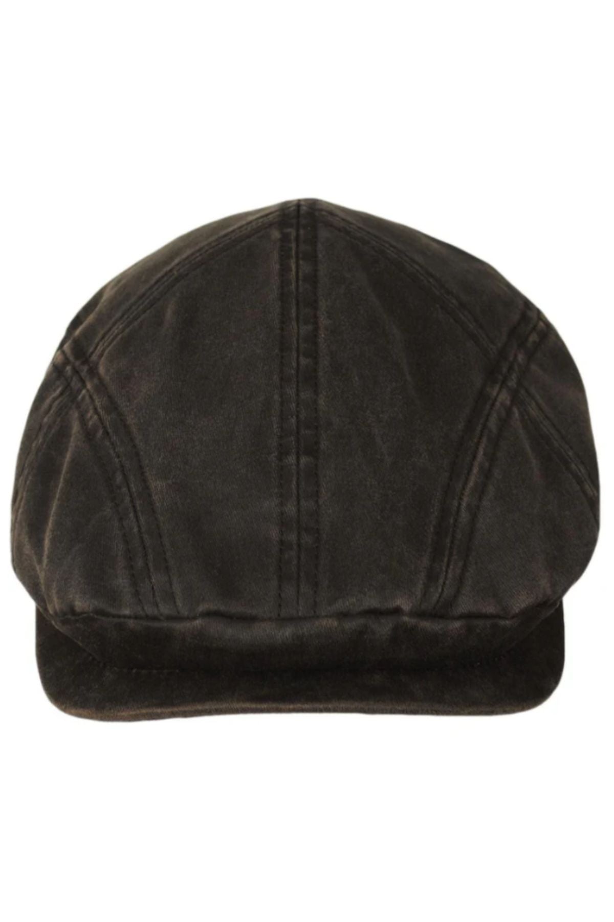 The Scala Weathered Cotton Ivy Cap is a dark brown vintage flat cap made of soft fabric, shown from the front with visible stitching and a short, rounded brim.