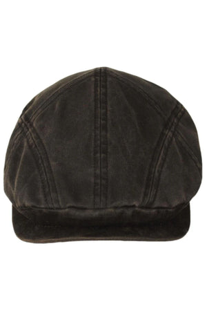 The Scala Weathered Cotton Ivy Cap is a dark brown vintage flat cap made of soft fabric, shown from the front with visible stitching and a short, rounded brim.