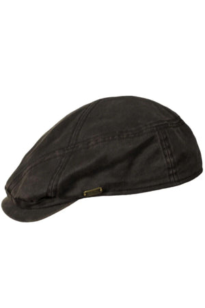 The Scala Weathered Cotton Ivy Cap is a dark vintage flat cap with visible stitching and a small metallic side tag, shown in side profile against a white background.