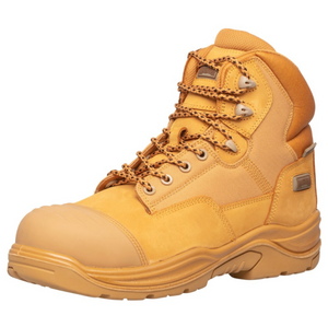 The Magnum Trademaster Lite Zip Sided Waterproof Safety Boot MTM150 features a tan waterproof design, reinforced toe, slip-resistant rubber sole, padded ankle support, and metal eyelets—ideal for heavy-duty work.