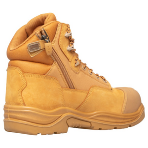 The Magnum Trademaster Lite Zip Sided Waterproof Safety Boot MTM150 is a tan high-top boot with a side zipper, lace-up front, reinforced toe, rugged stitching, and a thick slip-resistant rubber sole for protection.