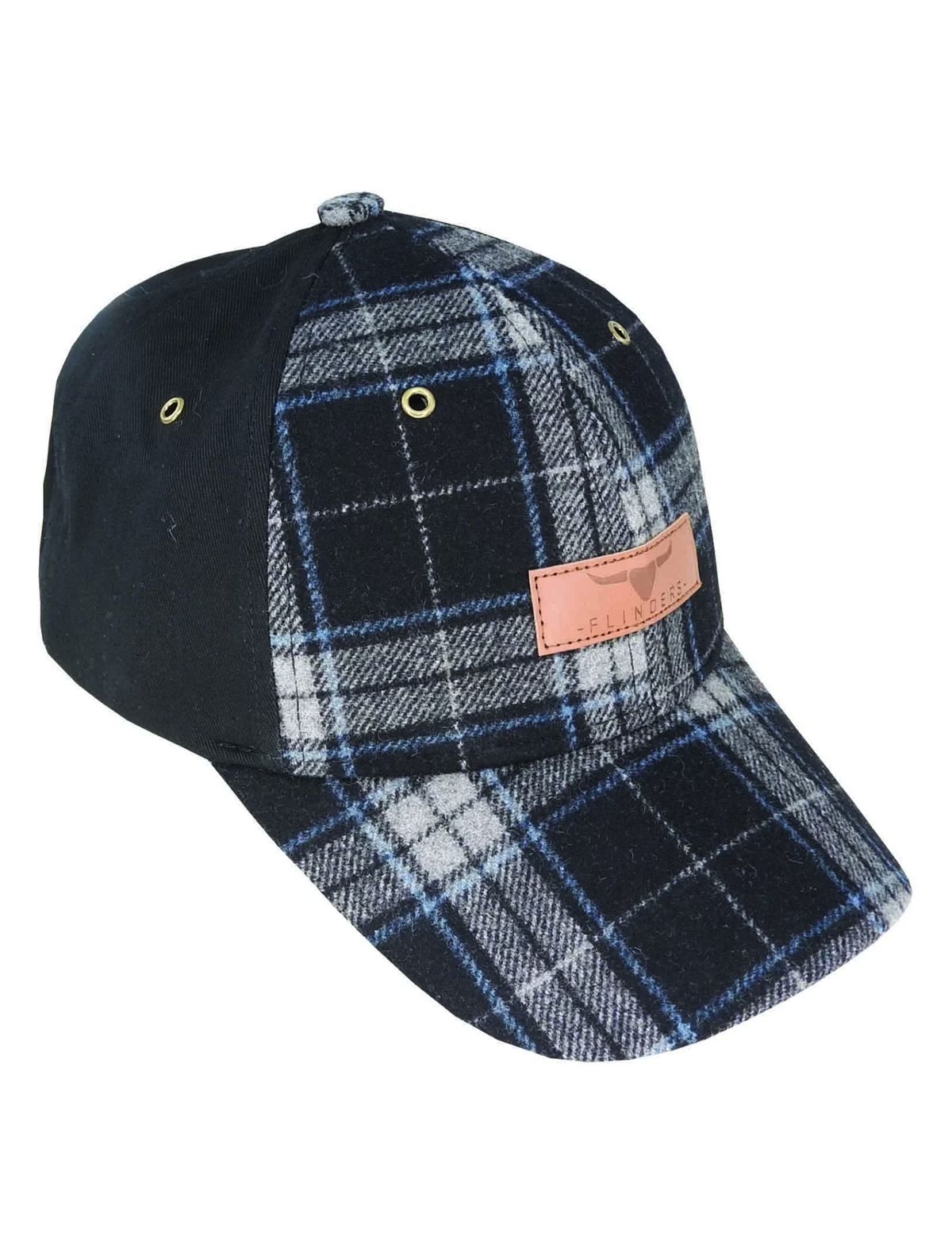 The Flinders Wool Blend Check Cap is black with a plaid blue and white pattern on the front panels and visor. It includes gold top eyelets, a brown leather patch with embossed text, and an adjustable strap for a perfect fit.
