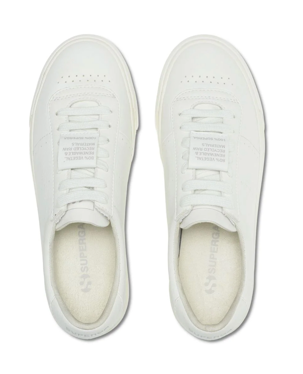 Viewed from above, the Superga 4834 Club S Up sneakers showcase visible laces, branded insoles with "Superga," and a tongue label reading "People's shoes of Italy." Crafted from grape-based faux leather, they feature a simple and clean design.
