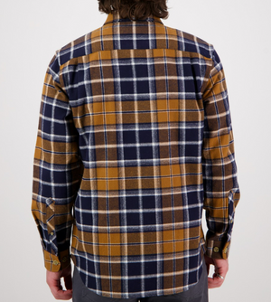 A person is shown from the back wearing the Swanndri Pencarrow Shacket, a classic fit, long-sleeve button-up with a navy blue, mustard yellow, and white plaid pattern, against a plain background.