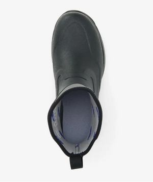 Top view of the Muck Boot Excursion Pro Mid Boot in black features a rounded toe, light gray XpressCool lining, black pull tab, and visible sole design—waterproof boots set against a white background.