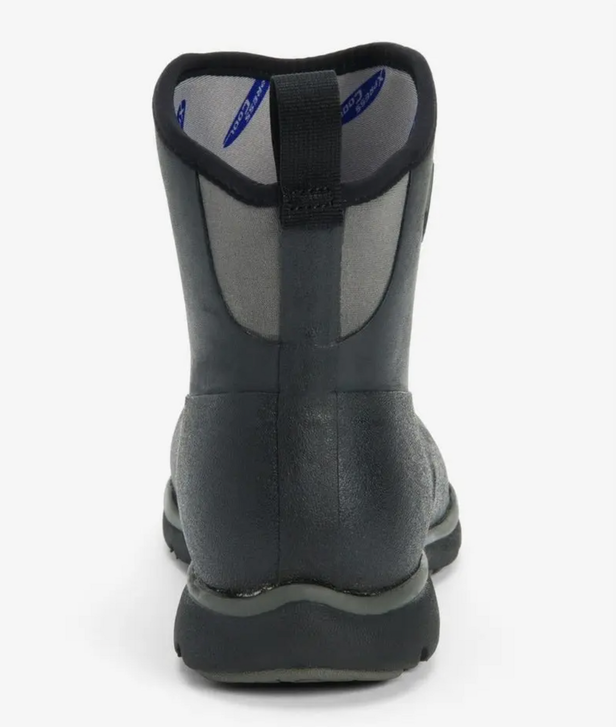 Rear view of the grey and black Muck Boot Excursion Pro Mid Boot, showcasing a pull tab, textured sole, smooth upper, and XpressCool lining—perfect for outdoor or rugged use.