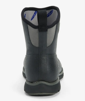 Rear view of the grey and black Muck Boot Excursion Pro Mid Boot, showcasing a pull tab, textured sole, smooth upper, and XpressCool lining—perfect for outdoor or rugged use.