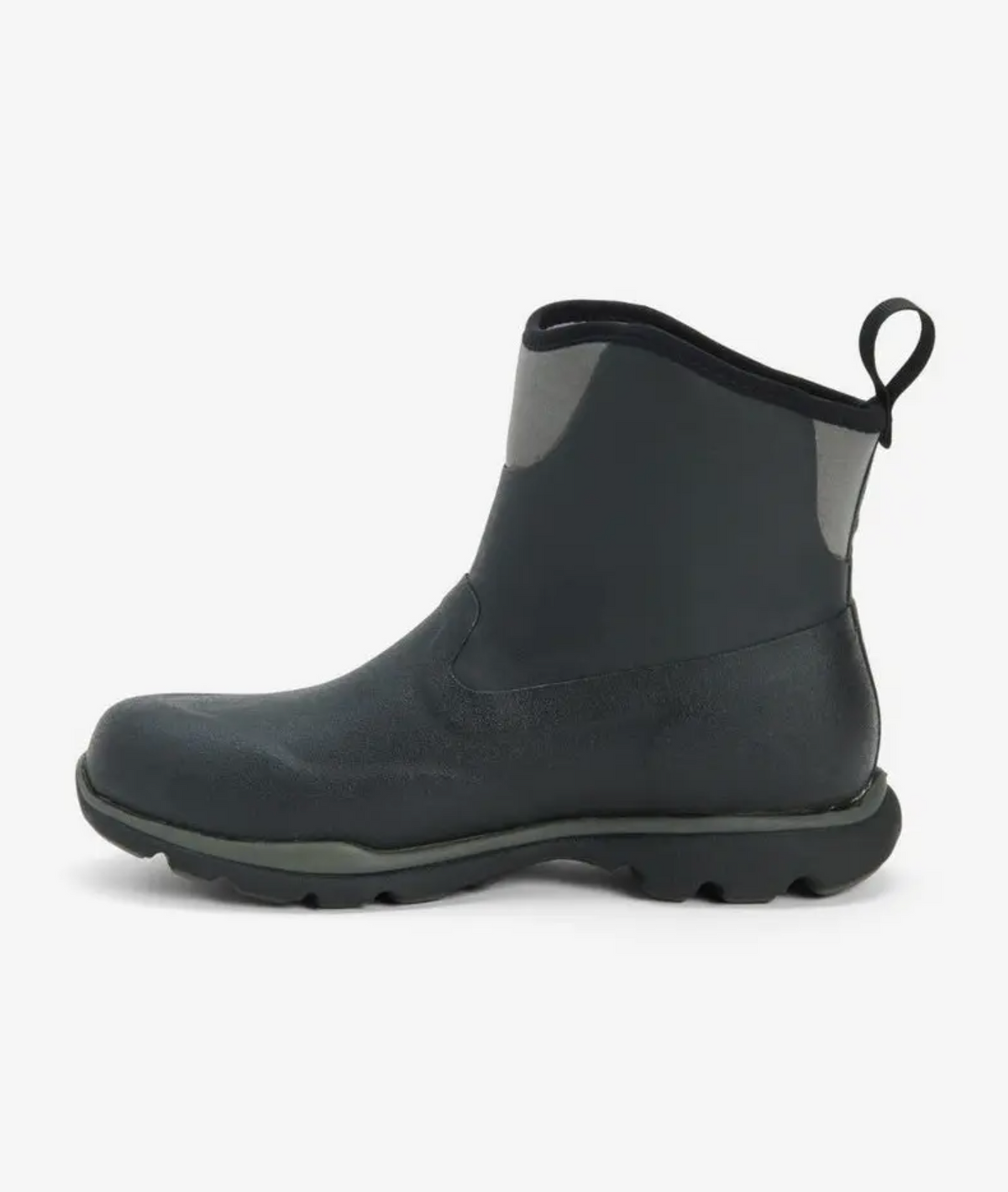 The Muck Boot Excursion Pro Mid Boot, shown against a white background, is a single dark gray neoprene bootie with a low ankle cut, a pull tab at the back, and a thick rugged sole for traction.