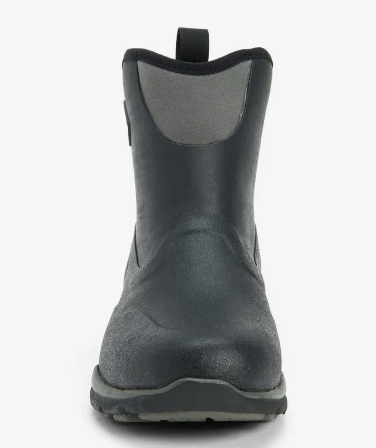 The Muck Boot Excursion Pro Mid Boot is a black waterproof boot featuring a pull-on loop, rugged sole, laceless design, smooth upper finish, and XpressCool lining for added comfort.