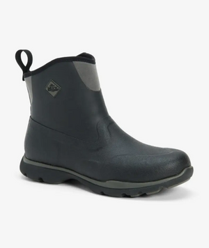 The Muck Boot Excursion Pro Mid Boot is a black ankle-length waterproof boot with a neoprene bootie, pull tab, and logo patch. Its rugged sole ensures traction, while the XpressCool lining offers comfort for outdoor adventures.