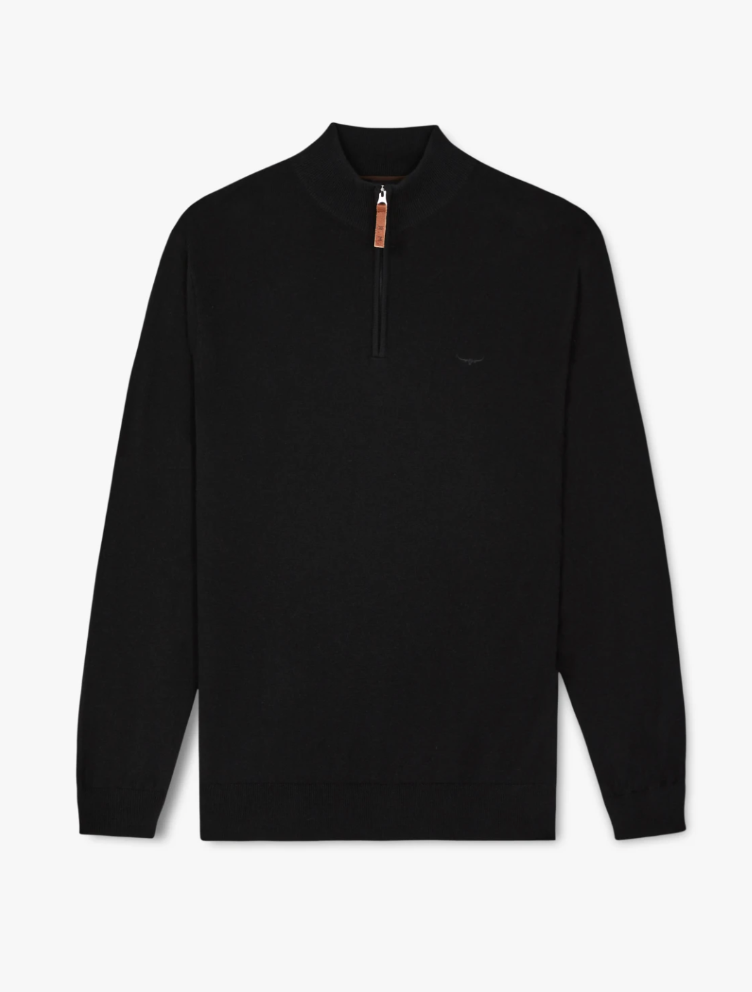 The RM Williams Ernest Sweater is a black Merino wool long-sleeve pullover with a quarter-zip featuring a tan pull tab, smooth fabric for enhanced comfort, and a stylish high collar.
