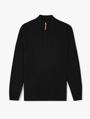 The RM Williams Ernest Sweater is a black Merino wool long-sleeve pullover with a quarter-zip featuring a tan pull tab, smooth fabric for enhanced comfort, and a stylish high collar.