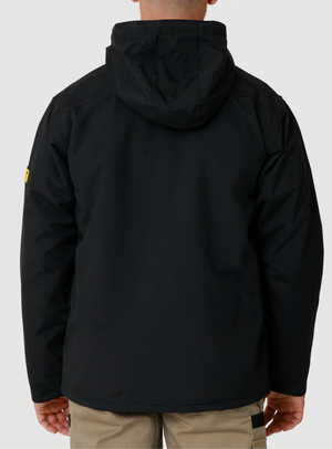 A person is shown from the back against a plain light background, wearing the CAT Chinook Waterproof Jacket in black with an adjustable hood and tan pants.