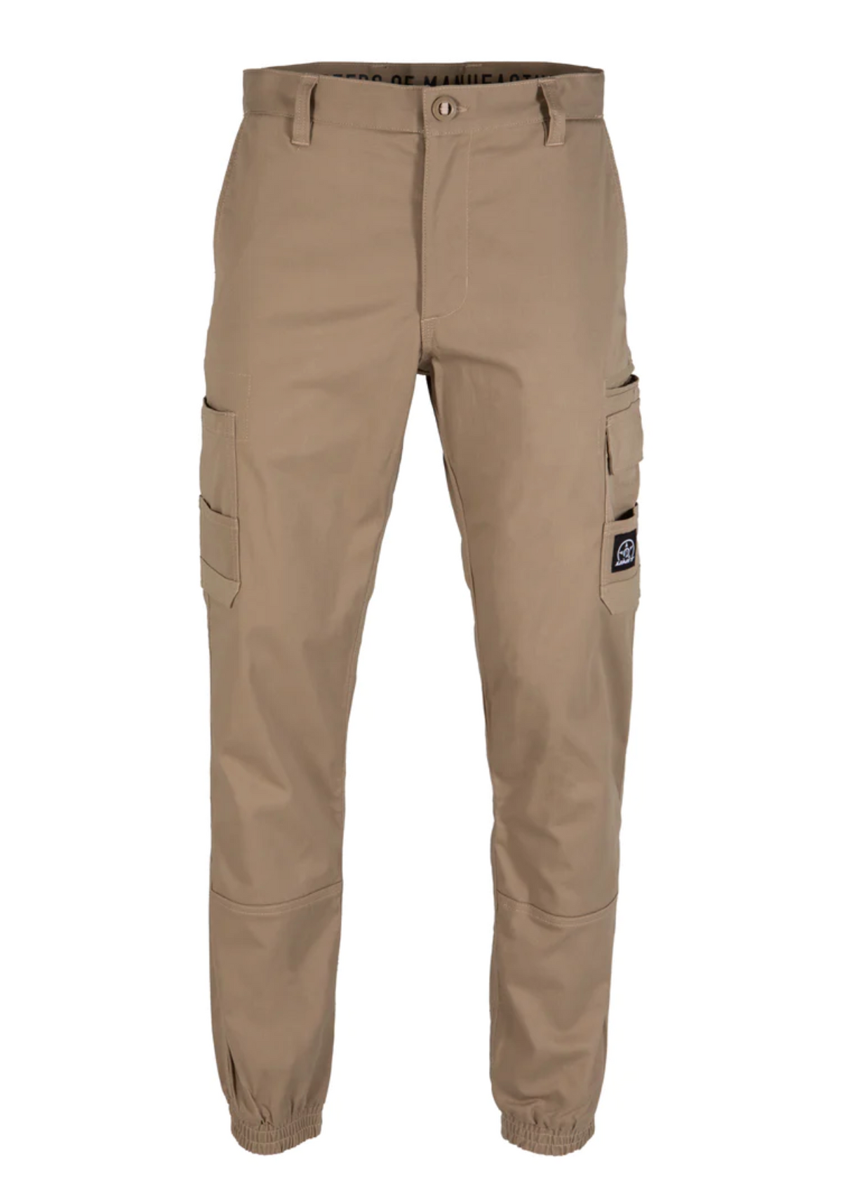 The UNIT Demolition Cargo Cuffed Pant features durable stretch fabric, multiple cargo-style pockets including two large side ones, button and zip closure, adjustable waist for comfort, and elasticized ankle cuffs.