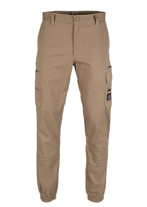 The UNIT Demolition Cargo Cuffed Pant features durable stretch fabric, multiple cargo-style pockets including two large side ones, button and zip closure, adjustable waist for comfort, and elasticized ankle cuffs.