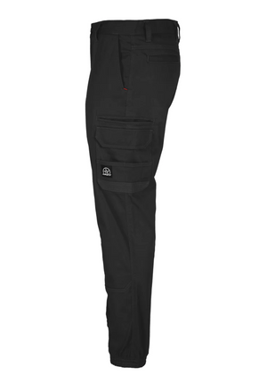 The UNIT Demolition Cargo Cuffed Pant has a relaxed fit with durable stretch fabric, multiple side cargo pockets, elasticized waistband and cuffs. Perfect for casual or work settings, shown from the right side.