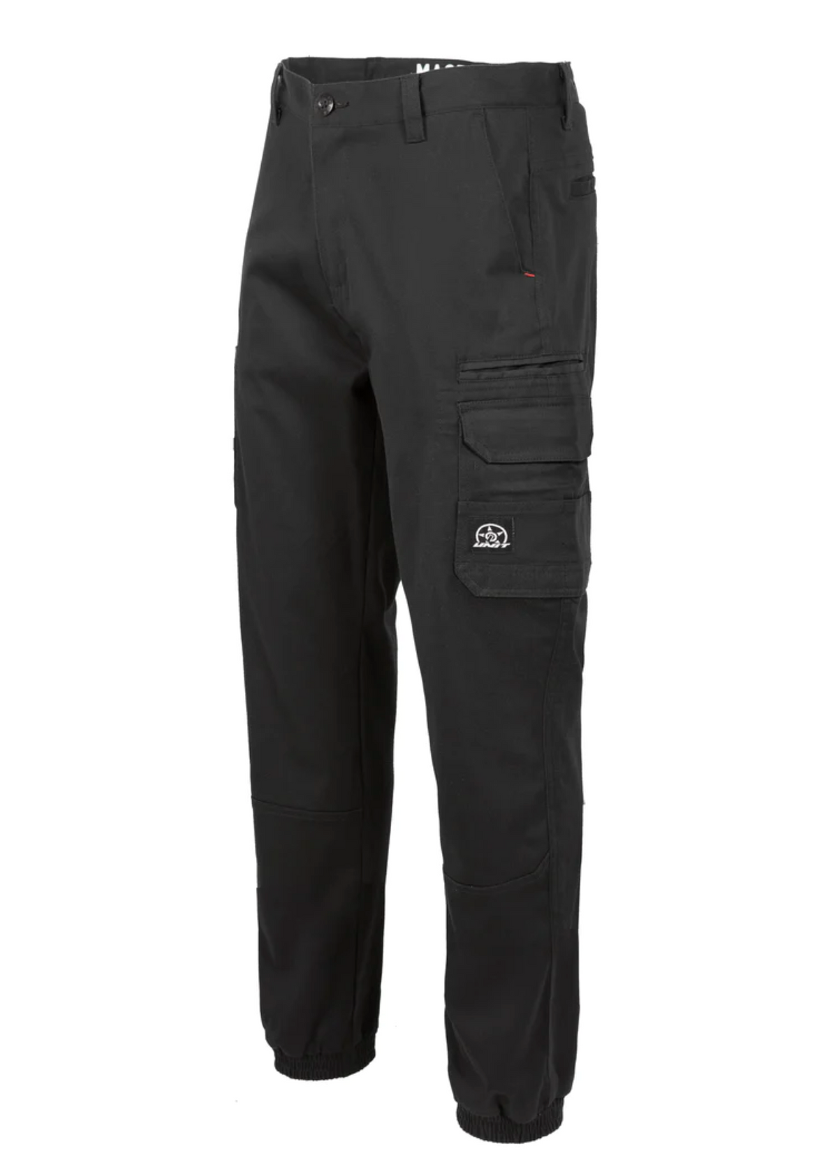 The UNIT Demolition Cargo Cuffed Pant features a durable stretch fabric with side, back, and front cargo-style pockets. It includes a button and zip closure, an elasticated ankle cuff, and a small logo on one pocket.